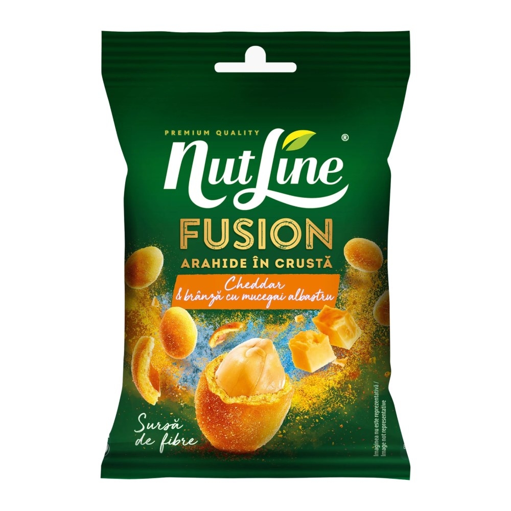 Arahide în crustă Nutline cu gust de cheddar și brânză cu mucegai albastru, 60 g