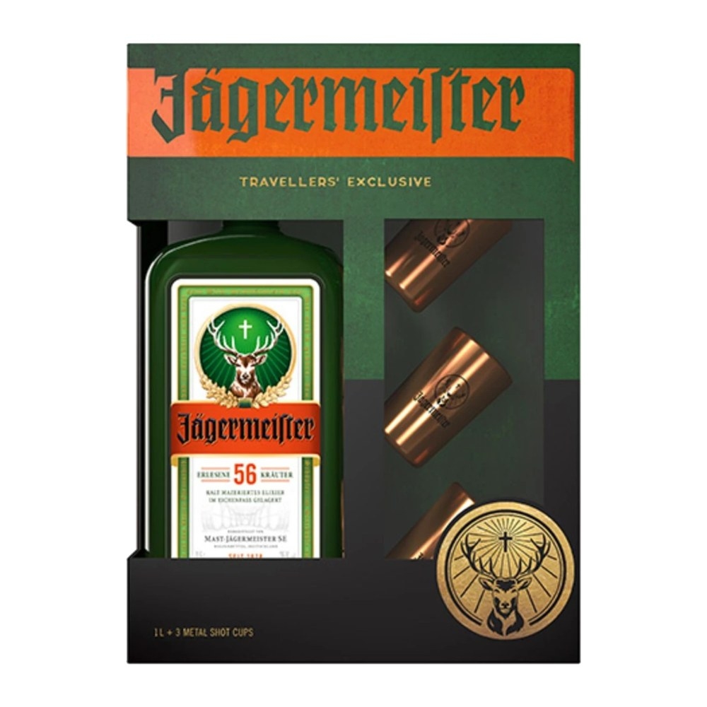 Jägermeister Travelers Exclusive Liqueur Gift Set, 1 L + 3 Shot Glasses