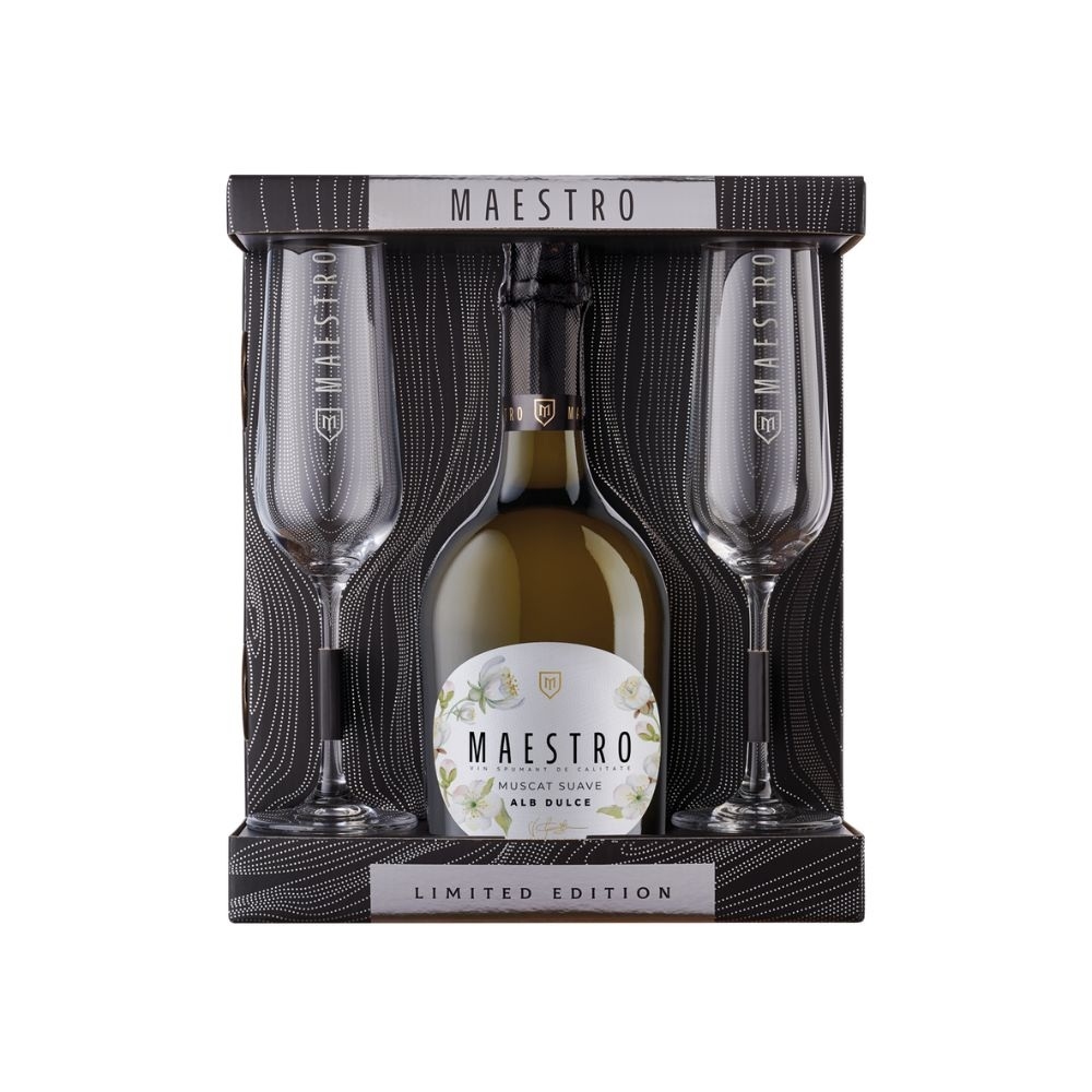 Maestro Suave Sweet White Sparkling Wine Gift Set, 0.75 L + 2 Glasses
