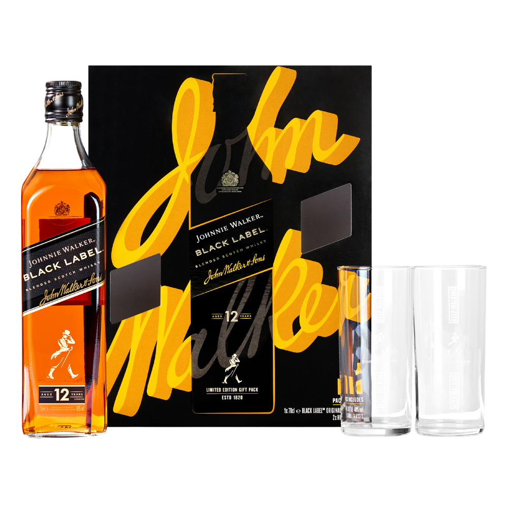 SET WHISKY JOHNNIE WALKER BLACK LABEL 0.7L + 2 PAHARE - în Moldova