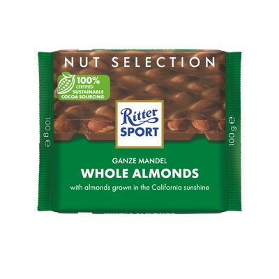 CIOCOLATA RITTER SPORT CU LAPTE SI MIGDALE INTREGI 100GR